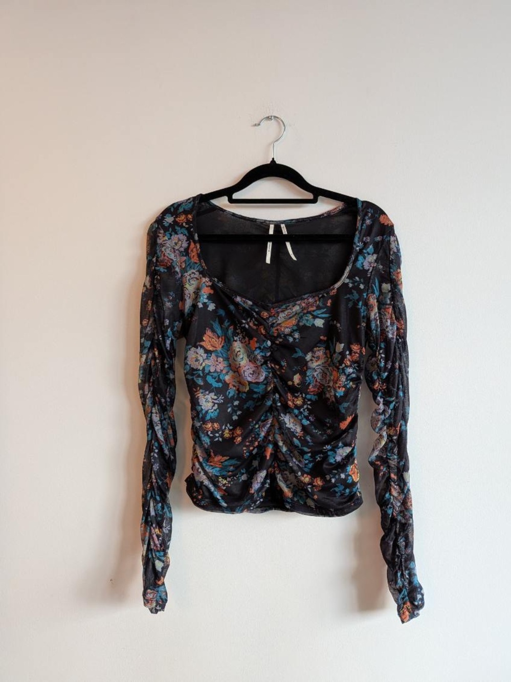 Anthropologie Black Floral Ruched Long-Sleeve Top with Blue and Pink Accents